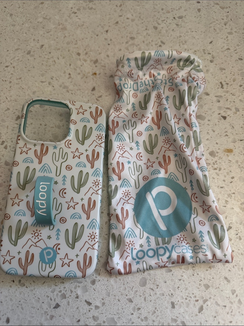 Loopy Case White Phone Case with Green and Brown Cactus Pattern and Teal Loop